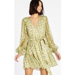 Tanya Taylor Vivi Belted Green Floral Linen & Silk V-neck Mini Dress